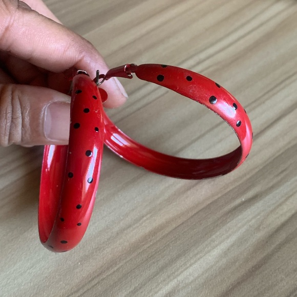 Vintage - Red Black Polka Dot Hoop Earrings - Picture 2 of 9